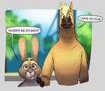 2023 anthro blonde_hair brown_eyes buck_colton_(thehumancopier) dialogue disney duo english_text equid equine eyebrows fan_character fur green_eyes grey_body grey_fur hair hand_on_shoulder horse lagomorph leporid male mammal outside rabbit speech_bubble stu_hopps tan_body tan_fur text thehumancopier zootopia