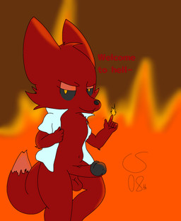 anthro balls chest_tuft clothed clothing demon_eyes dialogue elemental_manipulation fire fire_manipulation genitals hell humanoid_genitalia humanoid_penis light male open_clothing open_shirt open_topwear penis satanic shirt solo topwear tuft catscratch08th max_(catscratch08th) canid canine demon fennec_fox fox mammal true_fox digital_drawing_(artwork) digital_media_(artwork) hi_res ibispaint_(artwork) lighting signature