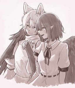 armwear bridal_gauntlets clothing detached_sleeves duo feathered_wings feathers female hand_holding humanoid_pointy_ears interlocked_fingers open_mouth pointy_ears shirt simple_background smile topwear white_background wings min.k touhou aya_shameimaru momiji_inubashiri animal_humanoid avian avian_humanoid canid canid_humanoid canine canine_humanoid humanoid mammal mammal_humanoid winged_humanoid wolf_humanoid absurd_res half-length_portrait hi_res monochrome portrait
