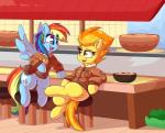 amber_eyes clothed clothed_feral clothing cutie_mark duo eye_contact eyelashes feathered_wings feathers female feral furniture hair hooves jacket looking_at_another multicolored_hair multicolored_tail pink_eyes rainbow_hair rainbow_tail sitting stool tail topwear wings graphene friendship_is_magic hasbro my_little_pony mythology rainbow_dash_(mlp) spitfire_(mlp) wonderbolts_(mlp) equid equine mammal mythological_creature mythological_equine pegasus 2018 absurd_res digital_media_(artwork) hi_res