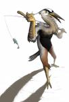 4_toes 5_fingers ambiguous_gender anisodactyl anthro anthro_focus avian_feet beak black_body black_feathers duo feathers featureless_crotch feet feral fingers fishing_rod holding_object multicolored_body multicolored_feathers navel nude open_beak open_mouth predator/prey red_tongue scuted_arms scutes simple_background solo_focus tail tail_feathers toes tongue white_background white_body white_feathers yellow_beak yellow_sclera bombird henri_(bombird) avian bird fish great_blue_heron great_heron heron marine pelecaniform 2011 absurd_res hi_res