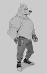 anthro belt bottomwear clothing fingerless_gloves footwear fur gloves handwear male muscular shirt simple_background solo topwear polartoons canid canine canis mammal wolf 2021 absurd_res hi_res monochrome