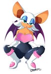 anthro bare_shoulders bat bedroom_eyes boots breasts cleavage clothed clothing crouching female footwear hands_on_legs hi_res lipstick looking_at_viewer makeup mammal narrowed_eyes rouge_the_bat seductive sega shumpy solo sonic_the_hedgehog_(series)
