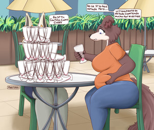 anthro belly belly_grab breasts brown_body duo female male male/female sitting slightly_chubby slightly_chubby_female speech_bubble tail text mestysa beastars juno_(beastars) canid canine canis mammal wolf zonai absurd_res hi_res translation_request