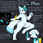 .xil0. absurd_res anthro blue_body blue_eyes blue_markings canid canine canis crotch_tuft femboy fluffy fluffy_tail genitals glowing glowing_eyes glowing_genitalia glowing_markings glowing_pawpads glowing_penis glowing_tail_tip hi_res knot male mammal markings model_sheet open_mouth pawpads penis plus_(.xil0.) shaded solo tail text thick_thighs tuft wolf wristband yellow_wristband