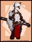 2013 anthro armor belt bottomwear bulge canid canine canis castbound clothing countershading domestic_dog fantasy gauntlets gloves handwear husky kevak_(castbound) knife leather light loincloth male mammal melee_weapon nordic_sled_dog pants solo spitz sword text url weapon