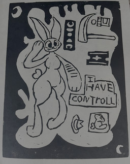 anthro clothing female feral hat headgear headwear linocut_(artwork) medication melee_weapon moon polearm razor_blade scar scythe self-harm self-harm_scars solo speech_bubble weapon iris_krane lagomorph leporid mammal rabbit absurd_res hi_res