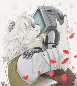 anthro big_breasts breasts clothed clothing duo eyebrows eyes_closed eyewear female fingers for_a_head fur glasses hair hand_on_butt holding_another hug husband_and_wife kiss_on_lips kissing machine male male/female married_couple petals romantic screen screen_face white_body white_fur auveiss canid canine humanoid mammal object_head robot screen_head 2026 hi_res