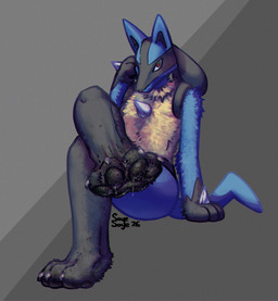 4_toes ambiguous_gender anthro black_body black_fur black_markings black_pawpads black_paws blue_body blue_ears blue_fur blue_tail bodily_fluids claws dirt dirty dirty_feet feet fluffy_paws foot_fetish foot_focus fur grey_background hand_on_face head_down leg_over_knee looking_at_viewer markings mud muddy pawpads plantigrade red_eyes simple_background sitting solo spikes spikes_(anatomy) sweat sweaty_feet tail tan_body tan_fur toe_claws toes wet_feet white_claws soyesoye nintendo pokemon canid canine generation_4_pokemon lucario mammal pokemon_(species) 2026 colored_sketch digital_drawing_(artwork) digital_media_(artwork) hi_res shaded sketch