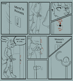 anthro bathroom bdsm bodily_fluids bondage bottomwear bound clothed clothing denim denim_bottomwear denim_clothing digitigrade ear_piercing ear_ring erection genital_fluids genitals glory_hole hair humanoid_genitalia humanoid_penis jeans male motion_lines open_bottomwear open_clothing open_mouth open_pants open_smile pants peeing penis penis_bondage piercing public_restroom question_mark ring_piercing short_hair side_view smile solo speech_bubble standing text urinal urine bucklucky comic english_text hi_res partially_colored signature
