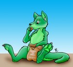 anthro black_nose brown_eyes cookie food fur gradient_background green_body green_fur male pawpads simple_background solo text flinters duncan_roo kangaroo macropod mammal marsupial 2007 english_text