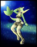 anthro anthrofied black_border border breasts electronics female generation_5_pokemon green_body green_skin head_gear hi_res latiar microphone nintendo non-mammal_breasts pattern_background pokemon pokemon_(species) pokemorph red_eyes reptile scalie simple_background snivy solo