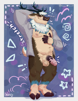 anthro antlers balls belly belly_rub big_balls big_belly blue_antlers blush body_hair bottomwear briefs brown_body bulge chest_tuft clothed clothing collared_shirt dress_shirt dress_shirt_only erection facial_piercing foreskin fur genitals hair half-erect hand_behind_head heart_symbol hooves horn male multicolored_body multicolored_fur multicolored_penis navel nipples nose_piercing nose_ring nude partially_clothed penis piercing pubes ring_piercing shirt simple_background smile solo stretching tail thick_thighs topwear tuft underwear taesponja boucirque deer mammal new_world_deer reindeer absurd_res digital_drawing_(artwork) digital_media_(artwork) hi_res shaded