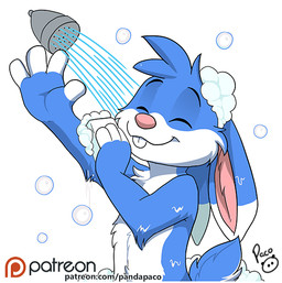 anthro arm_tuft bathing blue_body blue_fur blue_tail bubble chest_tuft closed_smile elbow_tuft eyes_closed foam fur head_tuft holding_soap inner_ear_fluff logo male mouth_closed nude pink_inner_ear_fluff pink_nose showering simple_background smile solo tail tuft white_background white_body white_fur white_tail young young_anthro young_male pandapaco lagomorph leporid mammal rabbit artist_logo half-length_portrait portrait signature