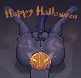 anal_fluids anal_fluids_on_food bald black_body black_skin black_tongue bodily_fluids breasts dark_body dark_skin eyeless feet female food fruit genital_fluids genitals grey_background jack-o'-lantern long_tongue lying on_back plant pumpkin pumpkin_in_ass sharp_teeth simple_background solo spread_legs spreading tail teeth teeth_showing text tongue vaginal_fluids vaginal_fluids_on_food vulva cyber_d1e alien_(franchise) alien xenomorph absurd_res hi_res signature