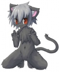 4_fingers :3 ambiguous_gender anthro barefoot big_eyes biped chest_tuft claws feet fingers fur grey_body grey_fur grey_hair hair inner_ear_fluff kemono kneeling looking_at_viewer navel red_eyes short_hair simple_background smile solo tail tuft white_background kemorate domestic_cat felid feline felis mammal