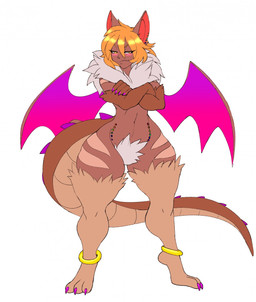 anklet blonde_hair blush claws crotch_tuft ear_piercing female fluffy grumpy hair humanoid_face jewelry membrane_(anatomy) membranous_wings neck_tuft nude piercing pubes solo tail thick_thighs tuft wings yellow_eyes ravrous mythology kaz_(kazudanefonfon) bat dragon hybrid mammal mythological_creature mythological_scalie scalie hi_res