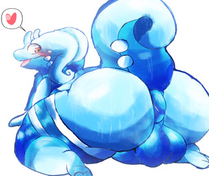 2_toes all_fours antennae_(anatomy) anthro anus balls bedroom_eyes big_anus big_balls big_butt blue_anus blue_body blush blush_lines bodily_fluids butt clothing feet femboy footwear genitals glowing glowing_eyes heart_symbol huge_butt kerchief leg_warmers legwear light male musk narrowed_eyes open_mouth open_smile penis pokeball presenting presenting_hindquarters puffy_anus rear_view red_eyes scarf seductive simple_background smile socks solo speech_bubble sweat sweatdrop sweaty_butt sweaty_legs sweaty_thighs tail thick_tail thick_thighs toes white_background white_body felipotyphlosion mythology nintendo pokemon fan_character dragon generation_6_pokemon goodra mythological_creature mythological_scalie pokemon_(species) scalie digital_drawing_(artwork) digital_media_(artwork) hi_res lighting