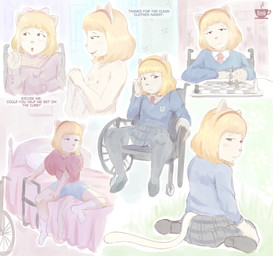 accessory anthro bed blonde_hair blue_clothing blue_sweater blue_topwear bow_(feature) bow_accessory bow_ribbon chess clothed clothing dialogue disability feet female footwear fur furniture hair hair_accessory hair_bow hair_ribbon hairband necktie nipples paraplegic ribbons school_uniform smug_grin socks soles solo sweater tan_body tan_fur tareme text topless topwear uniform vehicle wheelchair young young_anthro young_female bzeh matilde_fuenzalida domestic_cat felid feline felis mammal english_text hi_res