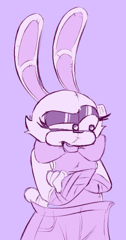 anthro bandaged_hand bottomwear bow_tie clothing crossed_arms doll female pants solo ticket rabbit5gamer conelia_(rabbit5gamer) animate_inanimate lagomorph leporid living_doll mammal rabbit monochrome