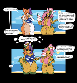 anthro assimilation beach before_and_after big_breasts body_spikes breasts brown_body clothing cross-eyed dessert dialogue duo female food holding_food holding_ice_cream holding_object ice_cream markings one-piece_swimsuit outside plant smile species_transformation spots spotted_body sun swimwear tail text transformation cakebatterbossmonster mario_bros nintendo j8-bit_(cakebatterbossmonster) bovid caprine elemental_creature flora_fauna goat mammal pokey_(mario) 2025 digital_media_(artwork) english_text hi_res