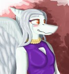 amber_eyes anthro biped blue_body blue_scales blush bone_frill breasts cleavage_cutout clothed clothed_anthro clothed_female clothing cutout dress eyebrows feathered_wings feathers female frill_(anatomy) front_view grey_body grey_feathers grey_hair hair long_hair looking_aside markings non-mammal_breasts purple_clothing purple_dress red_background scales simple_background slightly_open_mouth smile solo striped_markings stripes teeth wings tyenov cavemanon_studios goodbye_volcano_high snoot_game fang_(gvh) prehistoric_species pterodactylus pterosaur reptile scalie 2024 absurd_res colored half-length_portrait hi_res portrait shaded