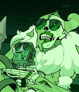 ambiguous_gender beard black_and_green curled_horn detailed_background duo eyewear facial_hair horn machine male not_furry smile sunglasses teeth toony discount-supervillain adventure_time cartoon_network fionna_and_cake fionna_and_cake_(franchise) bmo the_lich_(adventure_time) humanoid lich mammal mo_(adventure_time) robot undead digital_media_(artwork) green_theme monochrome