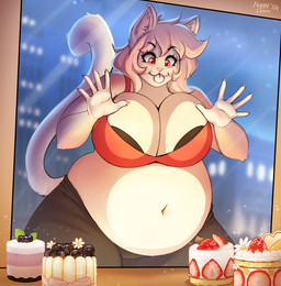 against_surface anthro belly belly_overhang big_belly big_breasts black_bottomwear black_bra black_clothing black_underwear bottomwear bra breasts cake closed_smile clothed clothing dessert female food front_view fur hair huge_breasts mouth_closed night on_glass outside overweight overweight_anthro overweight_female pink_tongue red_clothing red_eyes red_topwear smile solo thick_thighs tongue tongue_out topwear underwear white_body white_fur white_hair wide_hips tiggybloom capri_(doxxyl) felid mammal 2024 dated hi_res