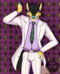 black_body black_fur black_hair blue_body blue_skin clothed clothing dress_shirt fur hair male necktie pattern_background shirt simple_background solo suit tan_body tan_fur topwear yellow_body yellow_fur bluezeru jojo's_bizarre_adventure kosaku_kawajiri yoshikage_kira canid canine mammal hi_res meme