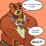 anthro blush clothing duo eyebrows horn hug larger_male male male/male musclegut muscular muscular_male size_difference smaller_male thick_eyebrows underwear nosoyunoso animal_crossing nintendo lopez_(animal_crossing) teddy_(animal_crossing) antelope bear bovid mammal 1:1 hi_res