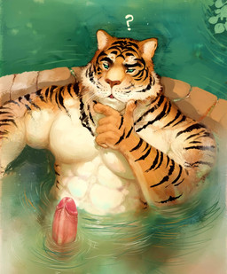 abs anthro bath biceps big_muscles black_body black_fur claws erection foreskin fur genitals green_eyes humanoid_genitalia humanoid_penis looking_at_genitalia looking_at_penis looking_down male muscular muscular_anthro muscular_male nude open_mouth orange_body orange_fur pecs penis question_mark relaxing retracted_foreskin solo stripes vein veiny_penis water whiskers white_body white_fur pockyrumz felid mammal pantherine tiger 2016 absurd_res hi_res