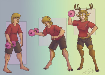 5_fingers 5_toes anthro antler_growth antlers athletic athletic_anthro athletic_female barefoot biped blonde_hair bottomwear breast_growth breasts clothed clothed_anthro clothed_female clothed_human clothed_male clothing cloven_hooves collarbone countershade_face countershade_neck countershading dewclaw_hooves dumbbell exercise eyewear feet female female_anthro fingers fully_clothed fully_clothed_anthro fully_clothed_female fully_clothed_human fully_clothed_male fur fur_growth gender_transformation glasses gradient_background growth hair hand_on_hip hand_on_own_hip hooves horn human_to_anthro looking_at_object looking_up male medium_hair mtf_transformation plantigrade plantigrade_to_unguligrade red_clothing red_shirt red_t-shirt red_topwear shirt shorts simple_background smile solo species_transformation standing t-shirt toes topwear torn_clothing transformation transformation_sequence unguligrade wearing_glasses weightlifting weights workout mosssleeper deer human mammal 2016 dated sequence signature