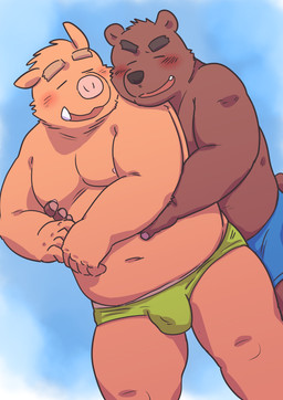 anthro belly blush brown_body brown_fur bulge clothing duo eyes_closed fur hug hugging_another hugging_from_behind kemono male male/male moobs navel nipples overweight overweight_male underwear kick_(artist) bear mammal suid suine sus_(pig) wild_boar 2015