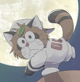anthro backwards_baseball_cap backwards_hat baseball_cap baseball_uniform bottomwear brown_body brown_fur chibi clothing fur hat headgear headwear kemono moon night pants shirt solo sportswear topwear uniform suna_sand1 dorabase doraemon pokoemon_(character) canid canine mammal raccoon_dog tanuki 2020 absurd_res hi_res