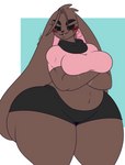 anthro arm_under_breasts big_breasts black_bottomwear black_clothing black_scarf black_sclera black_shorts blush bottom_heavy bottomwear breasts brown_body brown_fur brown_hair clothing crossed_arms female fur hair huge_thighs long_ears looking_away midriff pink_clothing pink_eyes pink_topwear scarf shorts solo standing thick_thighs topwear wide_hips dewwydarts val_(dewwydarts) lagomorph leporid mammal rabbit 2023 hi_res