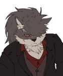 anthro clothing dress_shirt facial_scar fur grey_body grey_fur hair looking_at_viewer male ponytail red_eyes scar shirt solo suit topwear vest meru_2112 lifewonders tokyo_afterschool_summoners shino_(tas) canid canine canis domestic_dog mammal hi_res