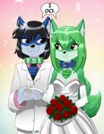 2_tails abstract_background anthro anthro_on_anthro armwear black_eyebrows black_hair black_necktie black_nose black_text blue_collar blue_ears blue_inner_ear blue_inner_ear_fluff bouquet breasts cleavage clothed clothed_anthro clothed_female clothed_male clothing collar collar_tag countershading dialogue digit_ring dress dress_shirt duo elbow_gloves eye_contact eye_through_hair eyebrow_through_hair eyebrows eyelashes female finger_ring flower fluffy fluffy_tail front_view fur gloves gold_ring green_body green_collar green_ears green_eyebrows green_fur green_hair green_inner_ear green_inner_ear_fluff green_tail hair hand_holding handwear holding_bouquet holding_flower holding_object husband_and_wife inner_ear_fluff intraspecies jacket jewelry long_hair looking_aside looking_at_another male male/female married_couple medium_breasts medium_hair mouth_closed multi_tail necktie pink_clothing pink_shirt pink_topwear plant red_eyes red_flower ring romantic romantic_couple rose_(flower) shared_dialogue shirt smile snout speech_bubble standing suit tail text topwear translucent translucent_hair tuft wedding wedding_dress wedding_ring white_clothing white_dress white_gloves white_handwear white_jacket white_suit white_topwear hazardhead69 rika_(hazardhead69) rori_(hazardhead69) canid canine fox mammal 2020 absurd_res english_text hi_res