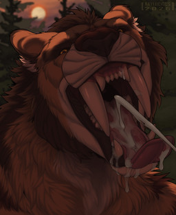 anthro black_sclera bodily_fluids cum cum_drip cum_drool cum_in_mouth cum_inside cum_on_tongue cumshot detailed_fur dripping ejaculation fangs female fluffy forest forest_background fur genital_fluids gums head_tuft inner_ear_fluff large_fangs leaf mouth_shot open_mouth orange_eyes outside plant shadow solo sun sunset teeth text tongue tree tuft rayliicious tora_(mjodvitnir) felid mammal prehistoric_species saber-toothed_tiger 2026 artist_name colored dated detailed digital_drawing_(artwork) digital_media_(artwork) headshot_portrait hi_res portrait shaded watermark
