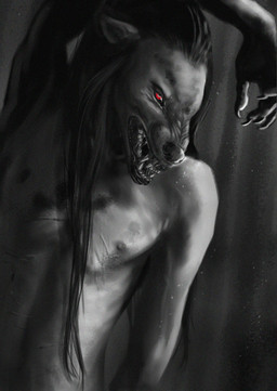 anthro bodily_fluids dark_sclera fangs glistening glistening_eyes hair long_hair male nipples nude open_mouth saliva saliva_string scar solo teeth unsigned himeragoldtail species_request 2017 half-length_portrait hi_res portrait spot_color