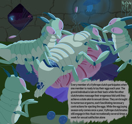 4_legs 6_limbs ambiguous_gender animal_genitalia antennae_(anatomy) bedding blanket blue_body bodily_fluids brick brick_wall cloaca detailed_background egg feral fungus genitals glowing group group_sex mandibles multi_limb multicolored_body mushroom orgasm oviposition pillow pregnant purple_eyes rubbing segmented_arms segmented_body segmented_legs sex tail tendrils text two_tone_body unusual_anatomy unusual_genitalia wall_(structure) pricklypastor_(artist) alien arthropod vythrope 2026 digital_drawing_(artwork) digital_media_(artwork) english_text hi_res signature