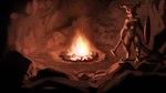 anthro breasts cave female fire fireplace glowing glowing_eyes horn looking_at_viewer melee_weapon non-mammal_breasts shield solo standing weapon meandraco kobold scalie 16:9 2020 hi_res sketch widescreen