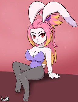 anthro big_breasts black_clothing black_footwear black_legwear black_socks black_stockings black_thigh_highs black_thigh_socks breasts bunny_costume clothing costume eyeshadow female footwear fur hair legwear leotard makeup pantyhose pink_eyeshadow pink_hair red_eyes socks solo stockings tail thigh_highs thigh_socks white_body white_fur luckster1234 gunfire_reborn tao_(gunfire_reborn) lagomorph leporid mammal rabbit hi_res
