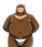 anthro asian_clothing biped black_nose blue_eyes brown_body brown_fur clothed clothing east_asian_clothing eyewear fundoshi fur glasses hands_behind_back japanese_clothing kemono looking_at_viewer male moobs muscular muscular_anthro muscular_male navel overweight overweight_anthro overweight_male pecs simple_background solo standing topless underwear white_background shinoda_hamazaki bear brown_bear grizzly_bear mammal ursine