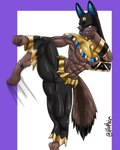 abs angry anthro blue_eyes breasts female kick muscular muscular_anthro muscular_female raised_leg solo under_boob vilomoja palworld pocketpair anubian_jackal anubis_(pal) canid canine canis jackal mammal pal_(species) 4:5 absurd_res hi_res