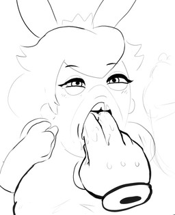 3_fingers 5_fingers ambiguous_gender anthro big_breasts black_eyebrows blush blush_lines bodily_fluids breasts clothed clothed_female clothing crown disembodied_hand drooling duo ear_piercing eyebrow_through_hair eyebrows eyelashes female female_anthro finger_in_mouth fingers floating_hands grey_background grey_body grey_clothing grey_ear_piercing grey_eyes grey_hair grey_lips grey_shirt grey_topwear hair headgear lips long_ears mawplay mostly_offscreen_character mouth_play narrowed_eyes nipple_outline noseless open_mouth piercing saliva saliva_on_hand shirt simple_background solo_focus squint teeth topwear translucent translucent_hair inspectormcpig mario_bros mario_plus_rabbids_kingdom_battle nintendo raving_rabbids rayman_(series) ubisoft rabbid_peach rayman lagomorph mammal rabbid raypeople_(rayman) 2025 crossover digital_drawing_(artwork) digital_media_(artwork) english_description monochrome sketch male_(lore)