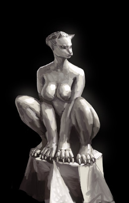4_fingers 4_toes anthro big_breasts breasts circlet claws crouching feet female finger_claws fingers hair looking_away nude sculpture short_hair solo statue toe_claws toes redustheriotact domestic_cat felid feline felis mammal hi_res inspired_by_formal_art