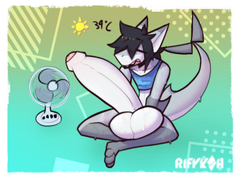 anthro arm_fin balls big_balls big_penis bodily_fluids bottomless bottomless_anthro bottomless_male clothed clothing crop_top crossed_legs electric_fan erection eyes_closed fin foreskin genitals hair huge_penis hyper hyper_genitalia hyper_penis male male_anthro medium_hair number open_mouth penis pointy_ears scrotum_flap shark_tail sharp_teeth shirt simple_background sitting sitting_on_ground solo sun sweat sweaty_body sweaty_clothing sweaty_topwear tail tail_fin teeth topwear rifykoh len_(rifykoh) aquatic fish mammal shark digital_drawing_(artwork) digital_media_(artwork)