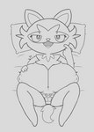 anthro anthrofied big_breasts breasts clothing cute_fangs fangs female fluffy fluffy_tail fur looking_at_viewer nipples pokemorph simple_background solo tail teeth underwear phant0mhat nintendo pokemon felid feline generation_9_pokemon mammal pokemon_(species) sprigatito digital_media_(artwork) hi_res monochrome