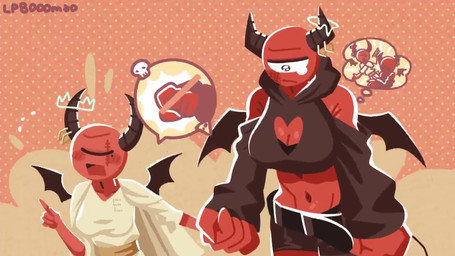 belt bottomwear breasts cleavage cleavage_cutout clothed clothing crop_top cutout denim denim_bottomwear denim_clothing denim_shorts duo female hood horn navel panties red_body red_skin shirt shorts sleeve spade_tail t-shirt tail topwear underwear wings lp8000mao demon humanoid imp 16:9 animated no_sound short_playtime video widescreen