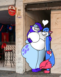 anthro belly big_belly big_breasts bloated blue_body breast_squish breasts buckteeth curvy_figure duo featureless_breasts featureless_crotch feet female female/female fur hair heart_symbol huge_belly huge_breasts larger_female nude overweight overweight_anthro overweight_female size_difference smile squish standing tail tail_mouth teeth thick_thighs toes unusual_anatomy unusual_tail voluptuous voluptuous_anthro voluptuous_female wide_hips jayme_universe a_chance_encounter alexoul jayme_gaming canid canine fox lagomorph leporid mammal rabbit 2026 digital_media_(artwork) meme